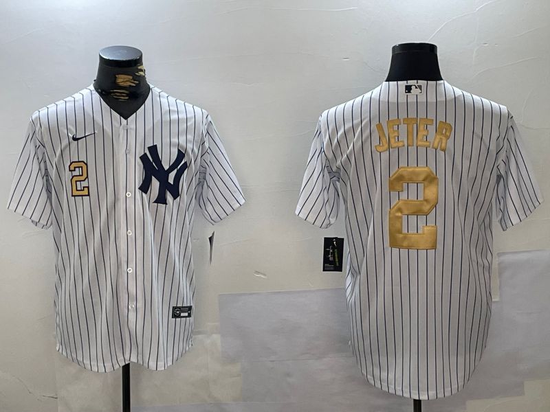 Men New York Yankees #2 Jeter White Stripe Fashion Nike 2024 MLB Jersey style 14